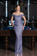İndigo Kayık Yaka Peplum Kesim Uzun Pullu Abiye ABU6359