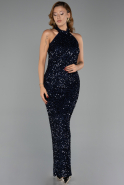 Lacivert Halter Yaka Uzun Pullu Abiye Elbise ABU6404