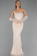 Bej Taşlı Straplez Yaka Eldivenli Uzun Dantel Abiye ABU5717