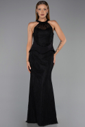Siyah Halter Yaka Peplum Uzun Dantel Abiye Elbise ABU6425