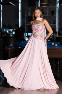 Pudra Payetli Straplez Yaka Peplum Uzun Şifon Abiye ABU6391