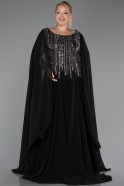 Siyah Üstü Taşlı Uzun Pelerinli Şifon Büyük Beden Abiye ABU6435