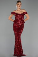 Bordo Kayık Yaka Peplum Kesim Uzun Pullu Abiye ABU6359