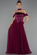 Mürdüm Kayık Yaka Saten Peplum Kesim Uzun Şifon Abiye ABU5327