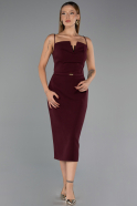Bordo Askılı Kemerli Midi Davet Elbisesi ABK2687