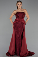 Bordo Straplez Peplum Kesim Kuyruklu Uzun Dantel Abiye ABU5615