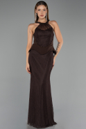 Kahve Halter Yaka Peplum Uzun Dantel Abiye Elbise ABU6425