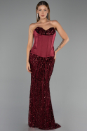 Bordo Straplez Portatif Korse Detay Uzun Pullu Abiye ABU6556