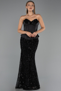 Siyah Straplez Portatif Korse Detay Uzun Pullu Abiye ABU6556