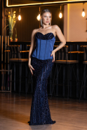 Lacivert Straplez Portatif Korse Detay Uzun Pullu Abiye ABU6556