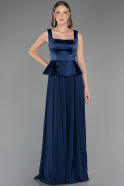 Lacivert Saten Kare Yaka Peplum Uzun Şifon Abiye Elbise ABU6568