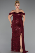 Bordo Askılı Yırtmaçlı Uzun Pullu Büyük Beden Abiye ABU6134