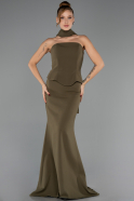 Haki Straplez Yaka Peplum Uzun Balık Abiye Elbise ABU6575