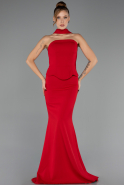 Kırmızı Straplez Yaka Peplum Uzun Balık Abiye Elbise ABU6575