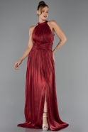 Bordo Halter Yaka Yırtmaçlı Uzun Şifon Abiye Elbise ABU6594