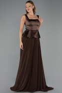 Kahve Saten Kare Yaka Peplum Uzun Şifon Abiye Elbise ABU6568