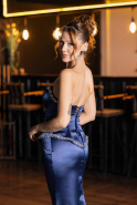 Lacivert Taşlı Straplez Yaka Peplum Uzun Saten Abiye ABU6655