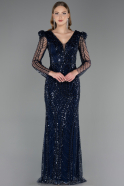 Lacivert Uzun Kol V Yaka Boncuklu Büyük Beden Abiye ABU6661