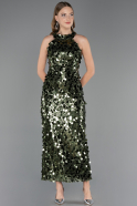 Haki Halter Yaka Midi Pullu Abiye Elbise ABU6676