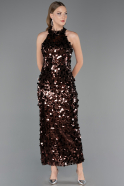 Kahve Halter Yaka Midi Pullu Abiye Elbise ABU6676