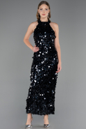 Lacivert Halter Yaka Midi Pullu Abiye Elbise ABU6676
