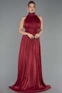 Bordo Halter Yaka Uzun Şifon Büyük Beden Abiye ABU6699