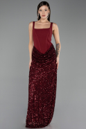 Bordo Balenli Kare Yaka Uzun Pullu Abiye Elbise ABU6650