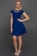 Kısa Saks Mavi Yaprak Detaylı Elbise AR36866