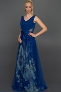 Uzun Saks Mavi-Mint Desenli Abiye ST5253