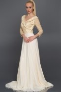 Uzun Beyaz-Gold V Yaka Şık Abiye Elbise ABU337
