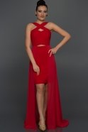 Kırmızı Belden Tül Detaylı Elbise ABK104