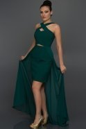 Zümrüt Yeşili Belden Tül Detaylı Elbise ABK104