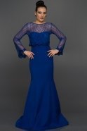 Saks Mavi Uzun Kol Detaylı Abiye Elbise C7226