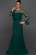 Zümrüt Yeşili Uzun Kol Detaylı Abiye Elbise C7226