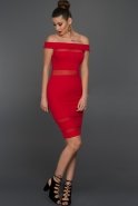 Kısa Kırmızı Kayık Yaka Elbise KR54017