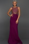 Uzun Violet Dekoltesiz Taşlı Elbise ABU330