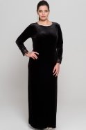 Uzun Siyah Kadife Büyük Beden Elbise AR36794