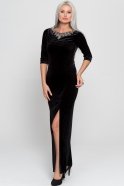 Uzun Siyah Yırtmaçlı Kadife Elbise AR36780