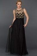 Uzun Siyah-Gold Tül Detaylı Elbise AR36938