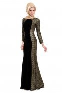 Siyah-Gold Tesettür Abiye Elbise M1431