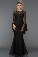 Siyah Dantelli Uzun Kol Abiye Elbise L6040