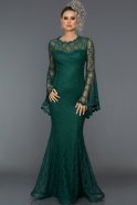 Zümrüt Yeşili Dantelli Uzun Kol Abiye Elbise L6040