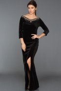 Siyah Yırtmaçlı Uzun Kadife Elbise ABU493