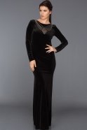 Siyah Uzun Kollu Kadife Elbise ABU486