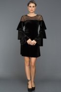 Siyah Uzun Kol Kadife Elbise DS434