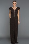 Siyah-Bronz Kolye Detaylı Simli Tulum C7241