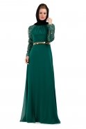 Yeşil-Gold Tesettür Abiye Elbise S3674