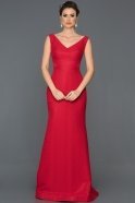 Kırmızı V Yaka Uzun Abiye Elbise ABU225