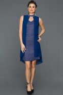 Saks Mavi Tül Detaylı Simli Elbise ABK061