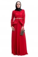 Kırmızı Tesettür Abiye Elbise C3533
